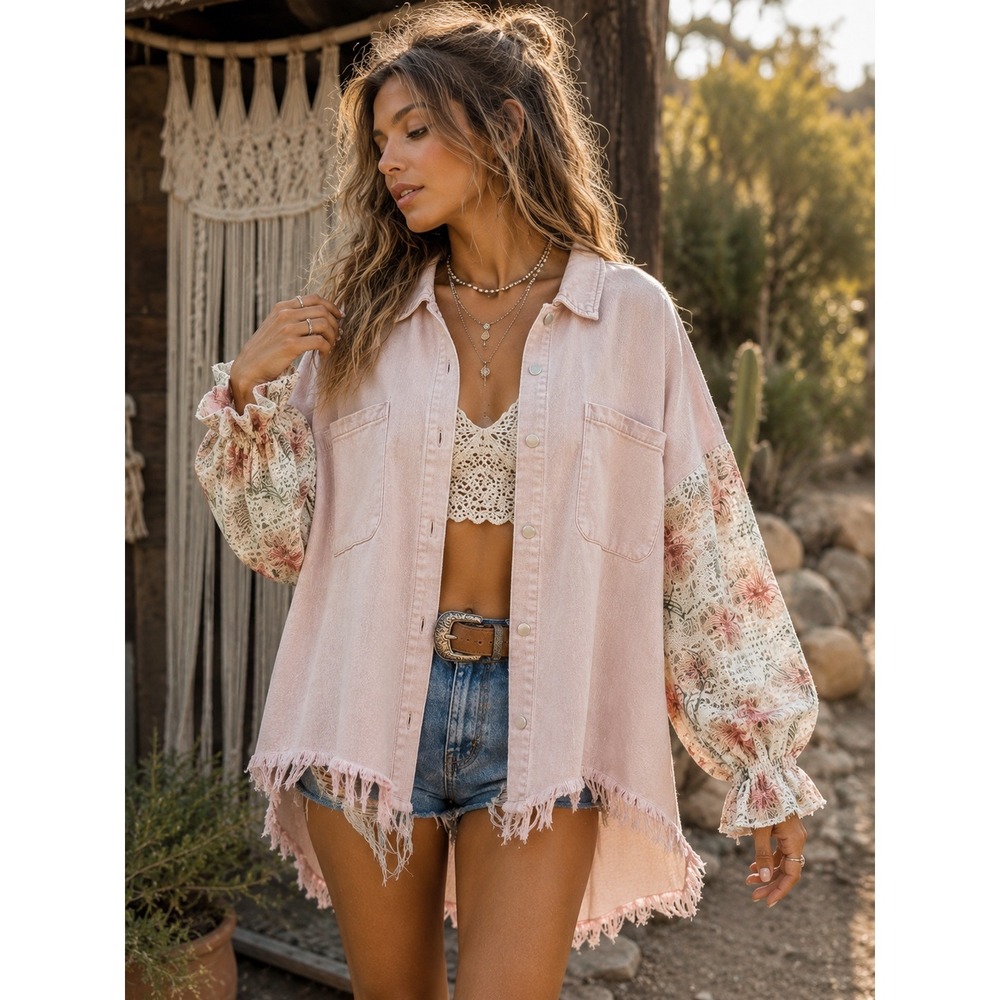 POL Blush Pink Floral Lace Sleeve Shacket Boho Frayed Hem M